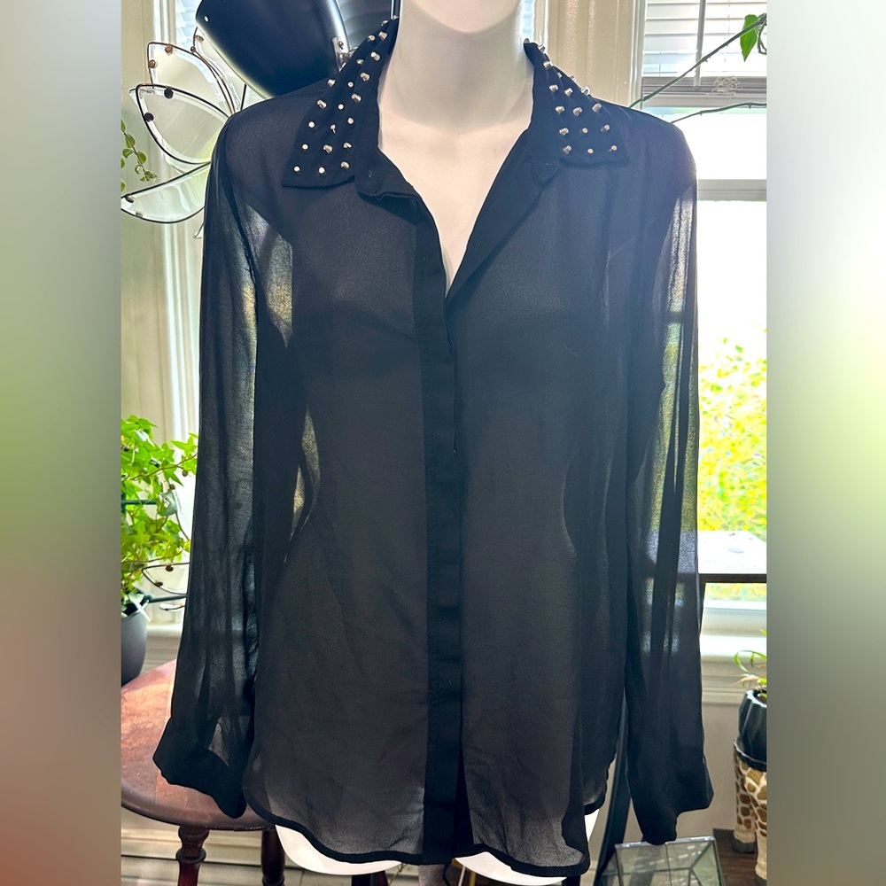 Mesh Button Down with Studded Collar